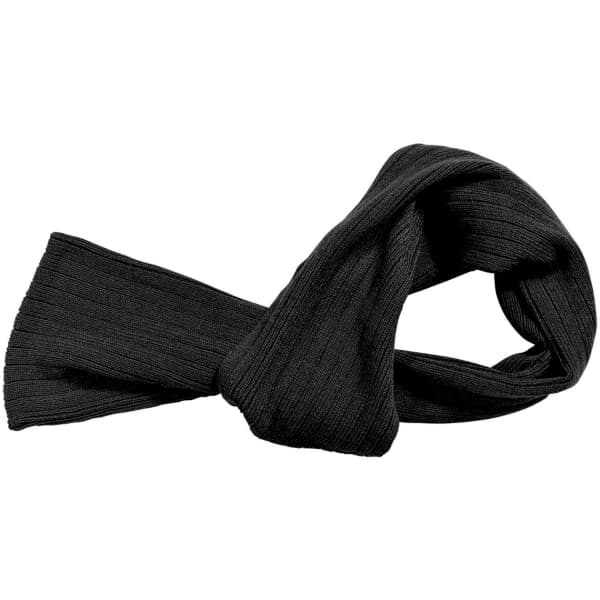 A black cable knit scarf with a ribbed texture, featuring an intertwined loop design.