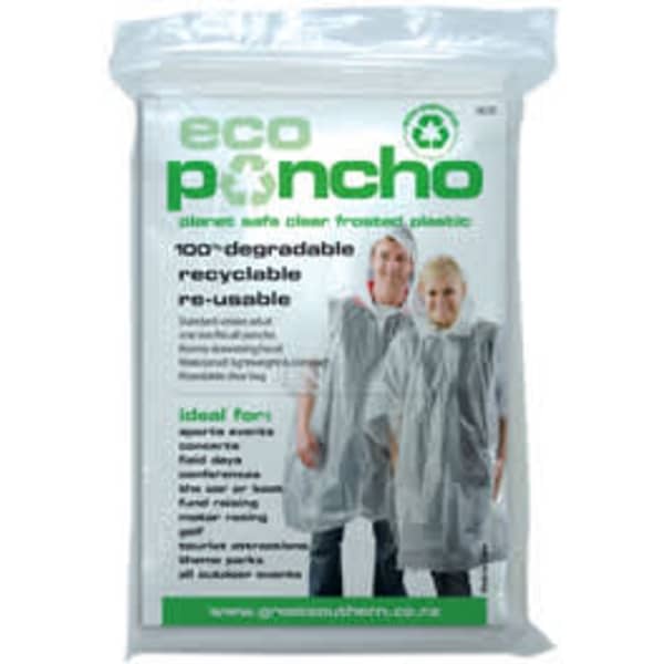 A clear eco poncho in packaging, featuring two models wearing the poncho. It includes a logo and details about the product.