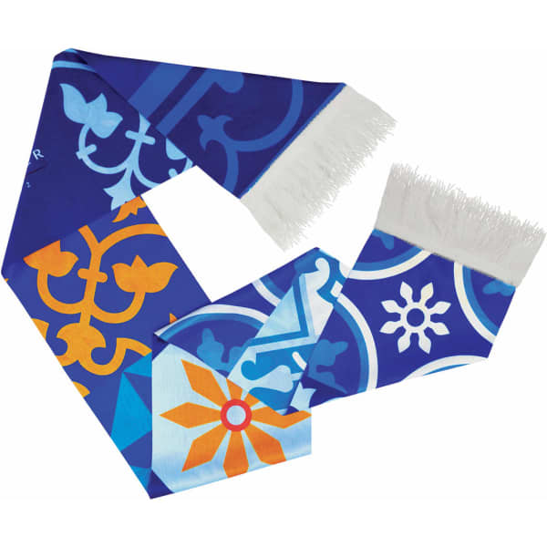 A supporters scarf featuring vibrant blue, orange, and white designs, with fringed ends and a logo.