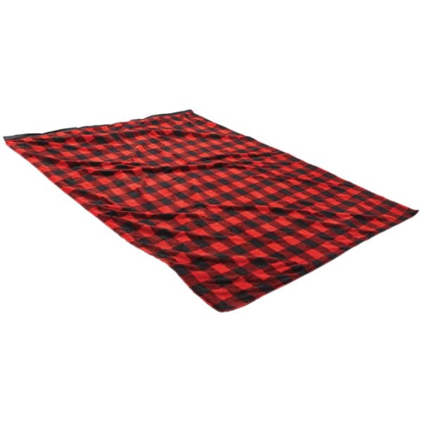 A red and black checkered blanket with a soft texture and a bordered edge. It features a logo on one side.