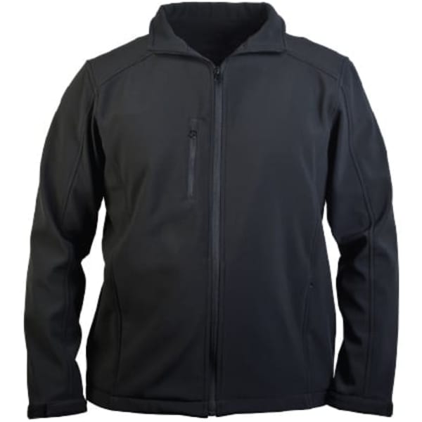 A black softshell men's jacket with a zip front and a small chest pocket. Features a logo on the chest area.