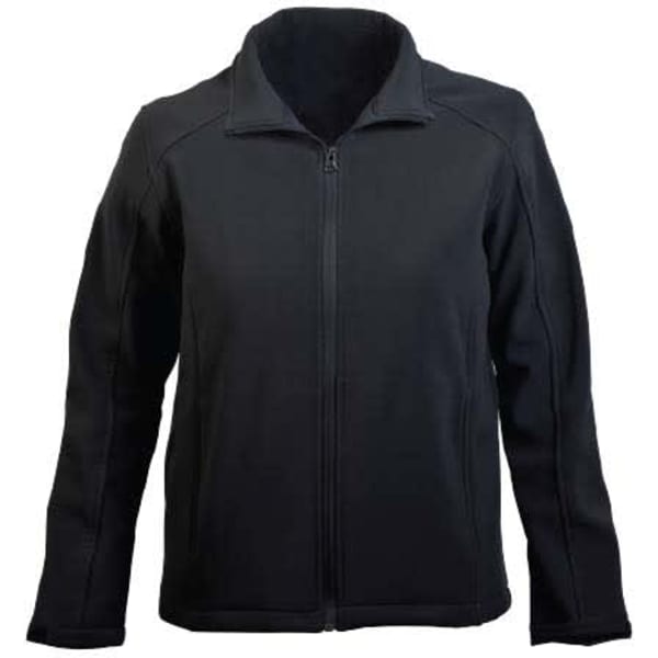 A black softshell women's jacket with a full front zip and long sleeves. Features minimal branding.