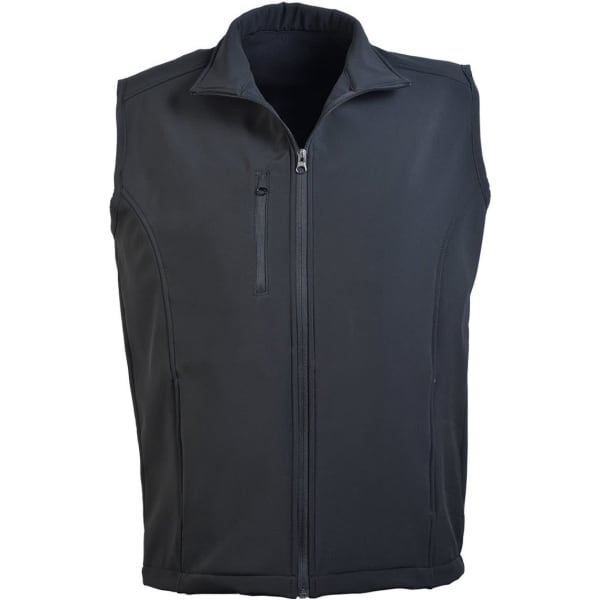 A black softshell vest with a zip front and side pockets, featuring a logo on the fabric.