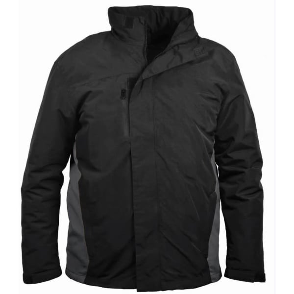 A unisex black jacket with grey side panels and a high collar. It features a logo on the front.