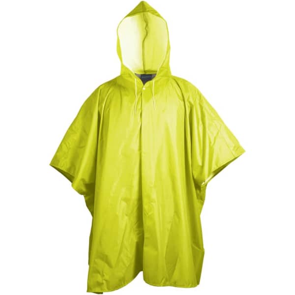 A bright yellow poncho with a hood, featuring a simple design and a logo on the front.