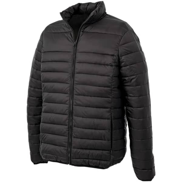 A black puffer jacket with a zip front and striped quilted design, featuring a high collar and no visible branding.