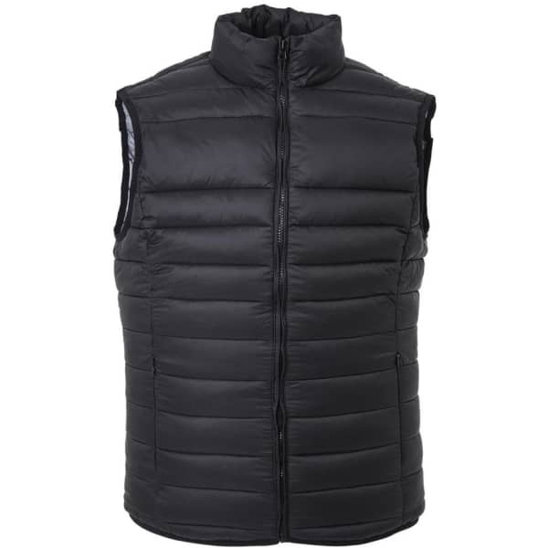 A black puffer vest with a zip front and a high collar, featuring a logo on the chest.