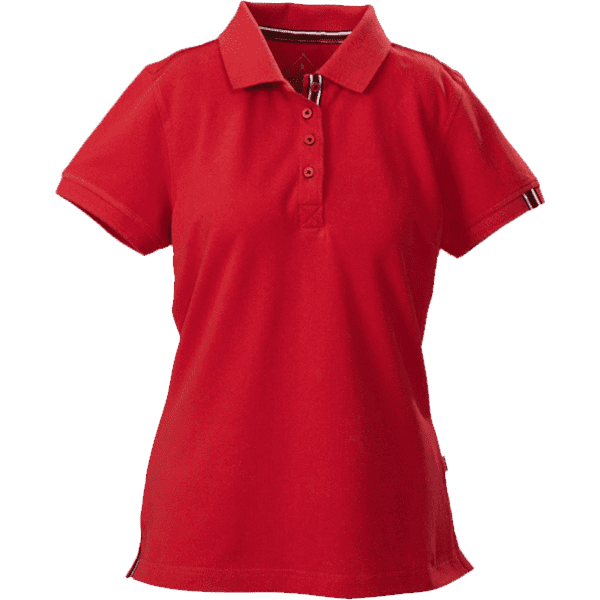 A red polo shirt featuring a collar, buttons, and a logo on the sleeve. Ideal for casual wear.