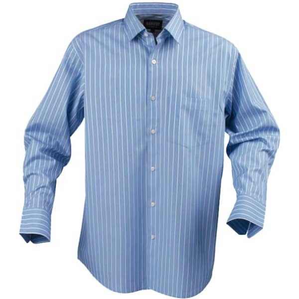 A blue striped button-up shirt with a pocket and a logo on the collar.