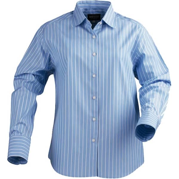 A light blue button-up shirt with white vertical stripes and long sleeves, featuring a collar and a logo.