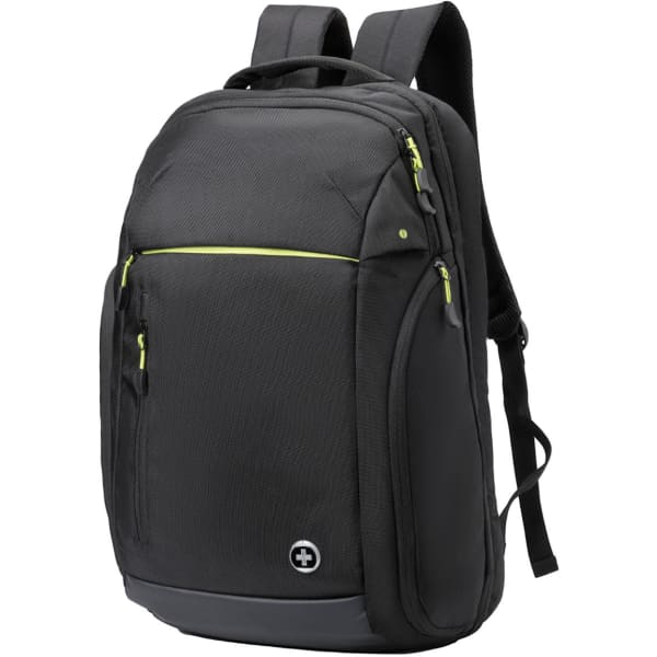 A black backpack with green accents and multiple compartments, featuring adjustable straps and a logo.