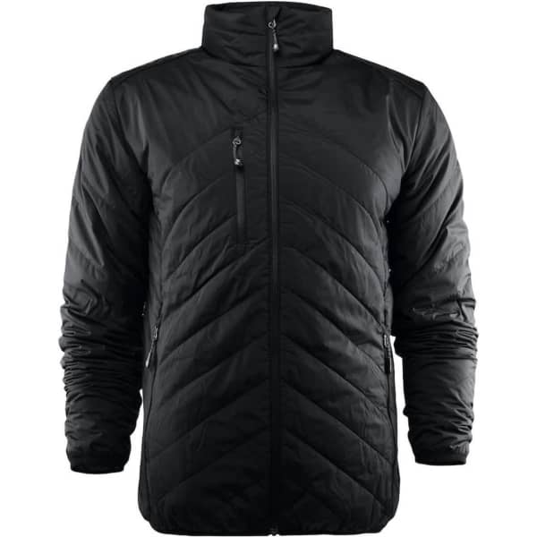 A black puffer jacket with a zip front, featuring a quilted design and one chest pocket. Contains branding.