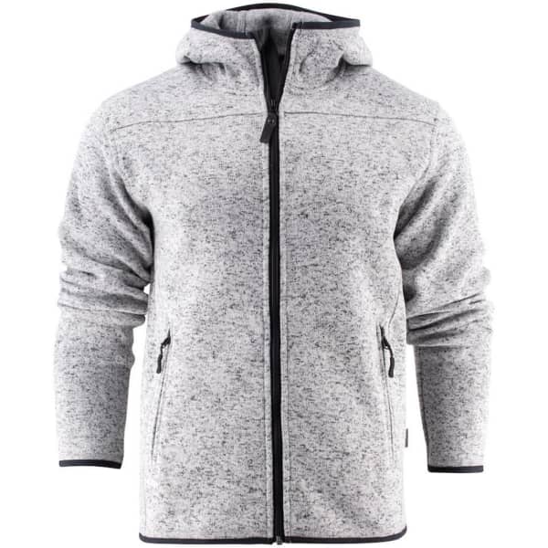 A light grey fleece hoodie with a zip front, featuring a hood and two side pockets. It has a logo on it.
