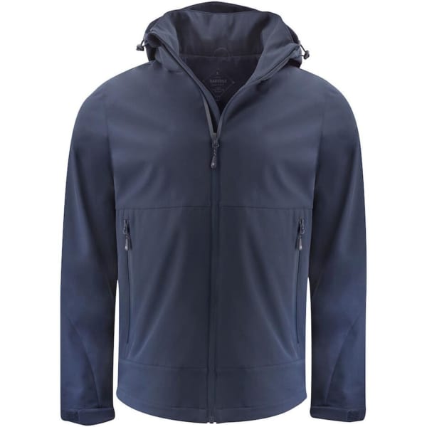 A navy blue softshell jacket featuring a hood and zipped pockets, with a logo on the front.