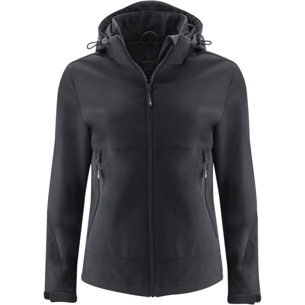 A women's softshell jacket in dark grey, featuring a hood and zippered pockets, with a logo on the front.