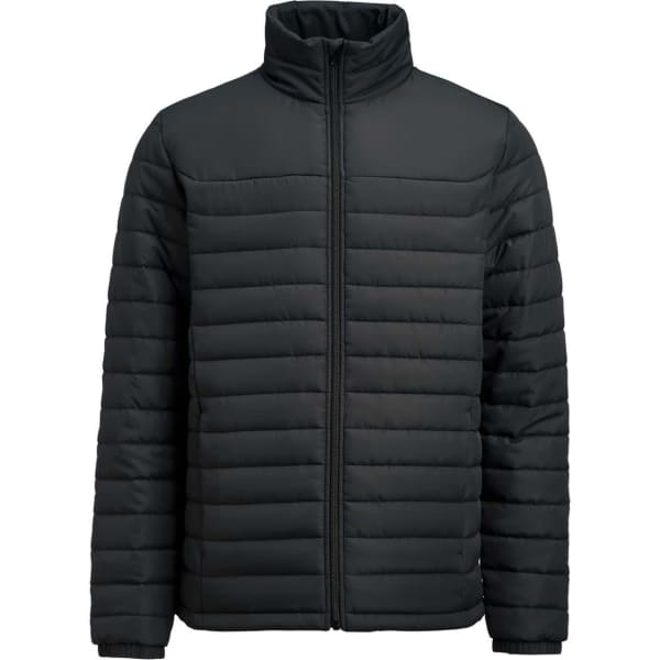 A black puffer jacket with a high collar and vertical quilted design, featuring a front zip and no visible logos.