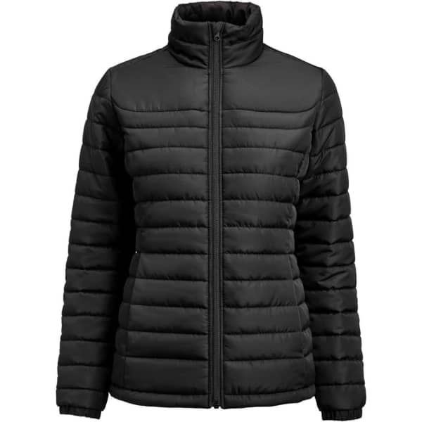 A women's black puffer jacket featuring a high collar and a zip-up front, with horizontal quilted design.