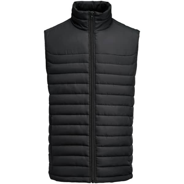 A black puffer vest with a high collar and zip-up front, featuring a quilted design. It has a logo on the chest area.