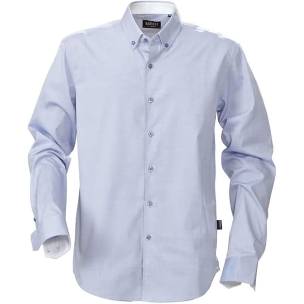 A light blue button-up shirt with long sleeves and a collar, featuring buttons down the front and a logo on the label.
