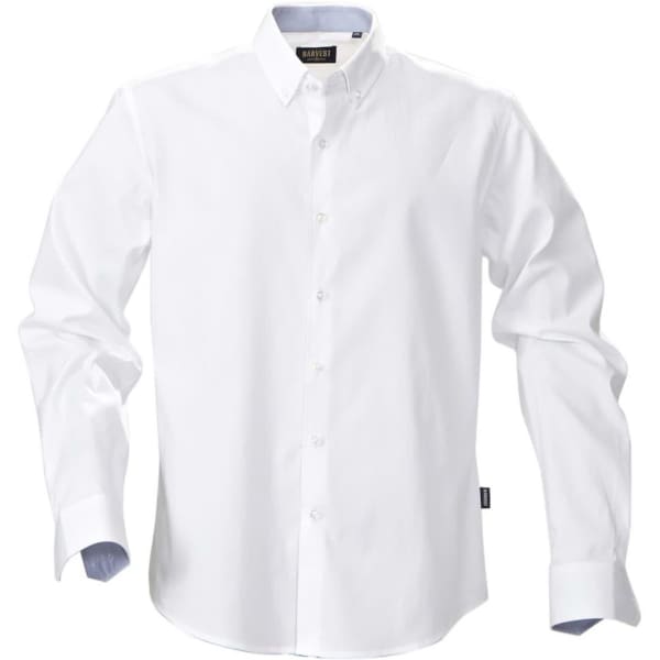 A white button-up shirt with long sleeves and a collar, featuring a logo on the label.