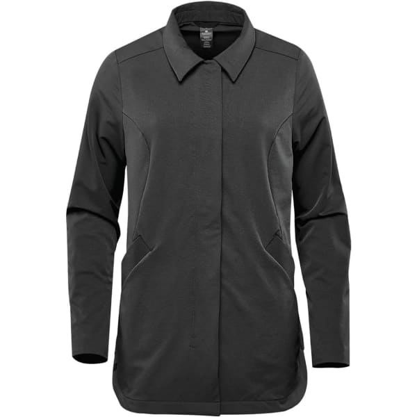 A women's Soho jacket in black, featuring a collared neckline and side pockets, with a branding logo.