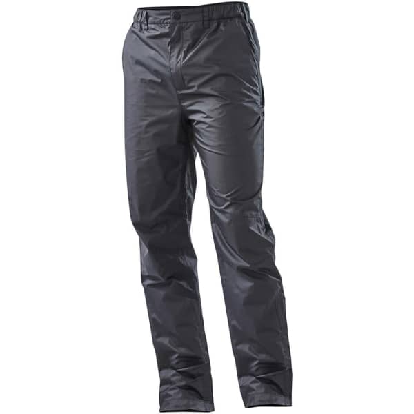 A pair of black rain pants with a flexible waistband and a logo on the waistband.