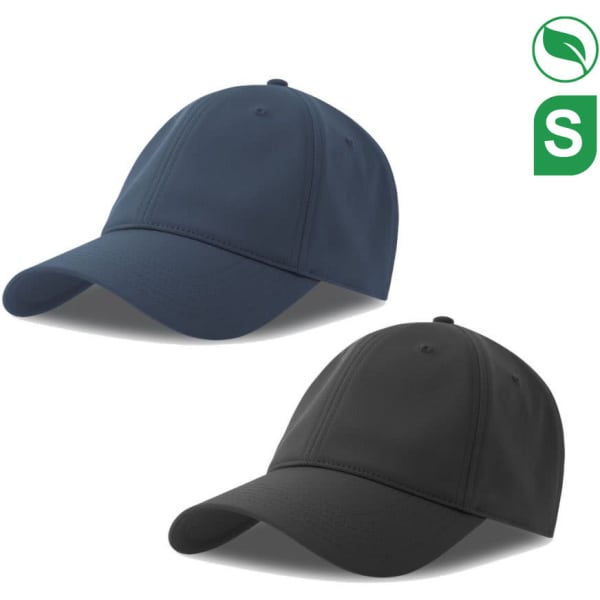 A navy and black cap made from recycled polyester, featuring a logo on the side. Suitable for headwear.