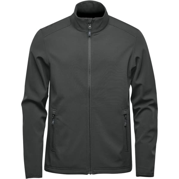 A dark grey softshell jacket with a zip front, high collar, and two side pockets, featuring a logo.