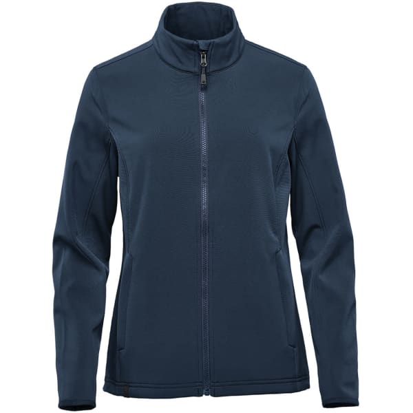 A navy softshell jacket for women featuring a zip front and a high collar. Includes a logo.