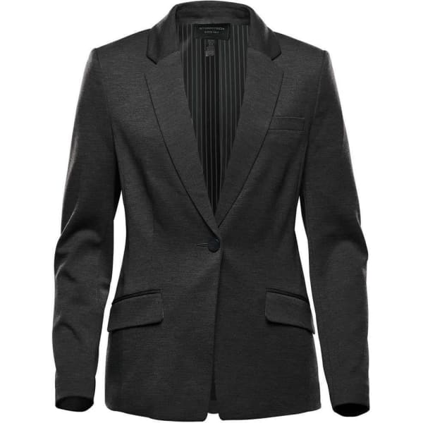 A women's black knit blazer featuring a single button, notched lapels, and two front pockets. It has an interior striped lining.