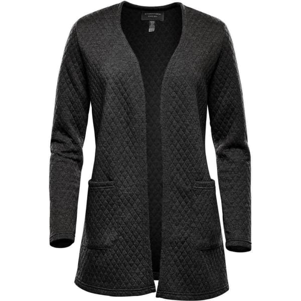 A quilted black women's cardigan featuring long sleeves and two front pockets.