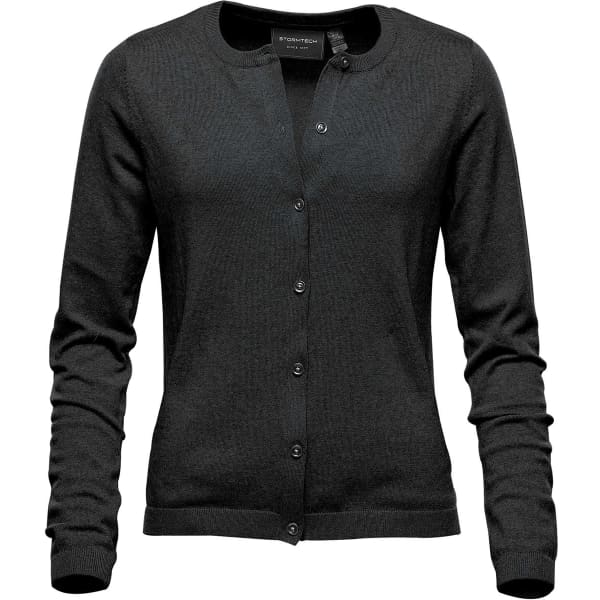 A black cardigan with a round neck and button closure, featuring long sleeves and a fitted style. It has a logo.