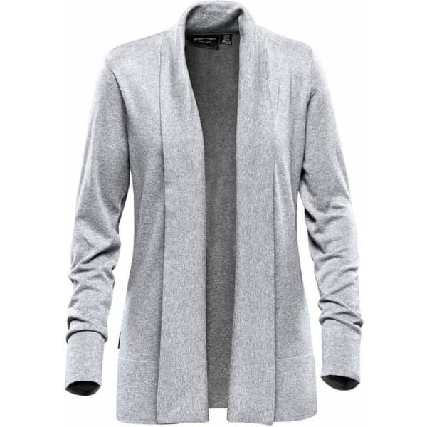 A grey women's cardigan with an open front and long sleeves, featuring a minimalist design and a branding logo.