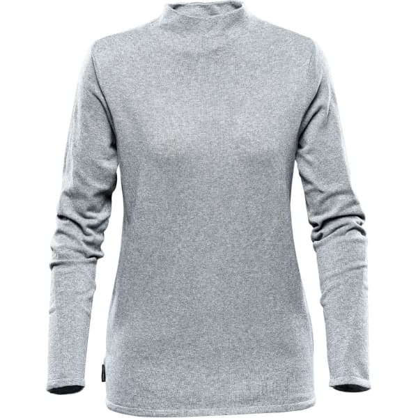 A grey women's sweater with long sleeves and a mock neck, featuring a logo on the side.