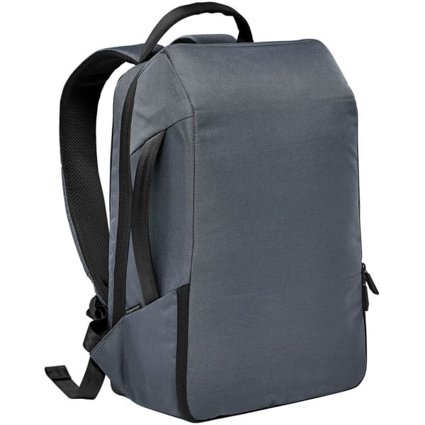 A grey backpack with a sleek design, featuring adjustable straps and a zippered pocket. It has a logo on it.