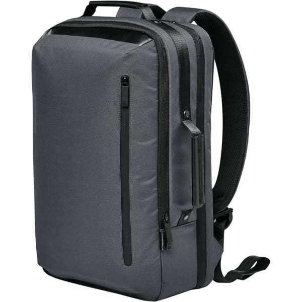 A grey commuter backpack featuring a sleek design, multiple zippered pockets, and padded shoulder straps.