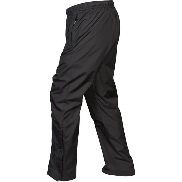 A pair of black track pants with an elastic waistband and side pockets, featuring a logo on the side.