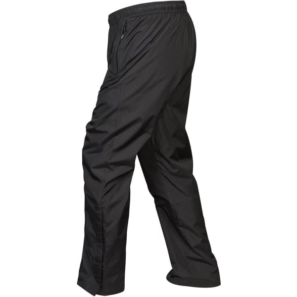 Black track pants featuring a comfortable elastic waistband and zippered pockets, with a branding logo present.
