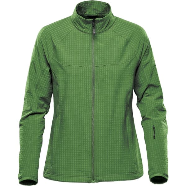 A green women's jacket with a high collar, zip front, and textured pattern. It features a logo on one sleeve.