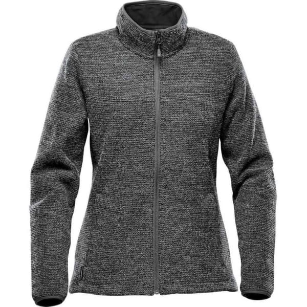 A women's jacket in graphite grey with a full zip and high collar, featuring a casual knit texture and a logo.