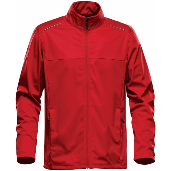 A red men's lightweight softshell jacket with a zip front, high collar, and zippered pockets. It has a logo on it.