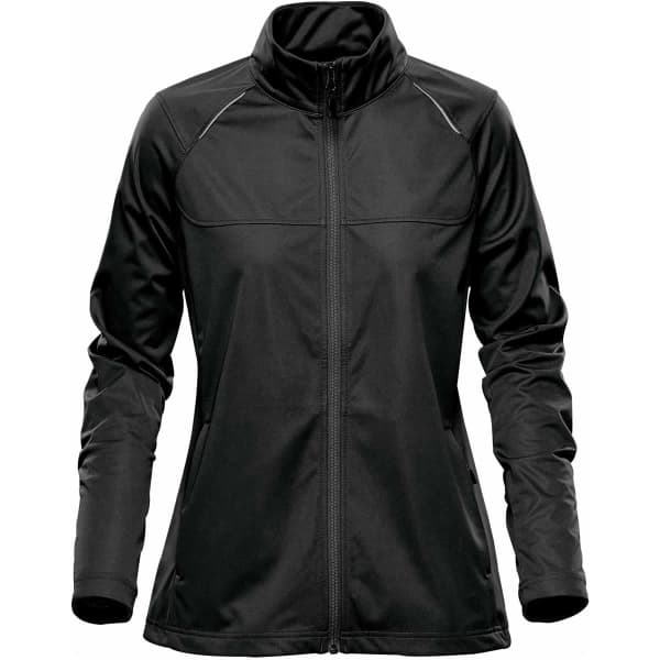A women's lightweight softshell jacket in black with a zip front and a sleek, modern design. It features a logo.