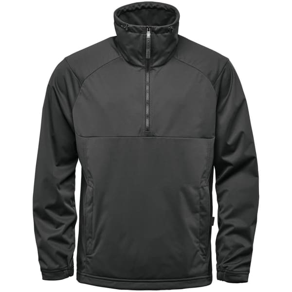 A black Men's Catskill Anorak Jacket with a high collar and zippered front. It features a logo on the side.