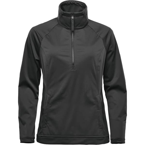 A women's black Catskill Anorak jacket with a zippered neckline and long sleeves, featuring a logo.