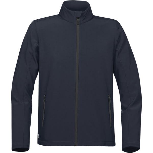A dark navy softshell jacket with a high collar and zippered pockets, featuring a logo.
