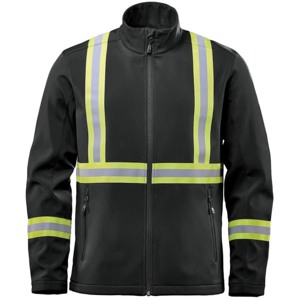 A dark green rain jacket featuring reflective strips and zippered pockets. It has a high collar and a fitted design.