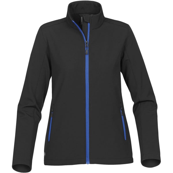 A women's softshell jacket in black with blue zip accents and side pockets, featuring a high collar and full zip.