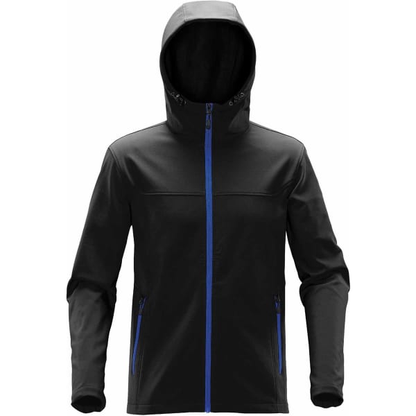 A black softshell jacket with a blue zip, featuring a hood and zippered pockets. It has a logo on the chest.