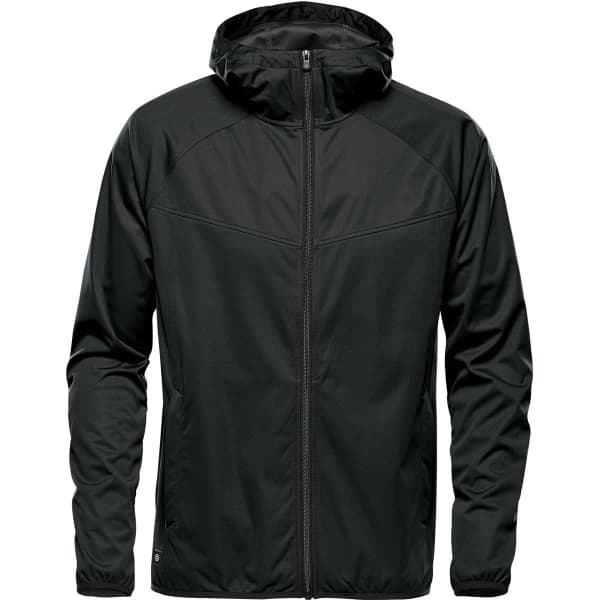 A black soft shell jacket featuring a hood and zip front, with a subtle logo on the side.