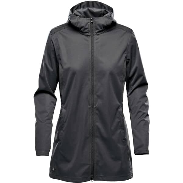 A women's softshell jacket in dark grey, featuring a hood and zip front. Includes side pockets and a logo.